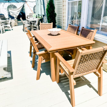 Marina collection by Casual Comfort tan poly dining set with table and 6 chairs featuring a basket weave backrest